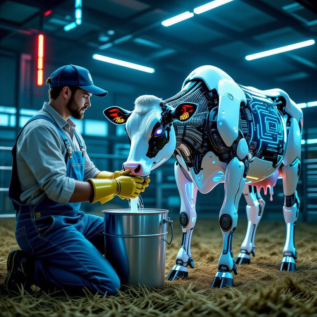 Robotic Farmer Milking a Cyborg Cow in Sci-Fi Barn
