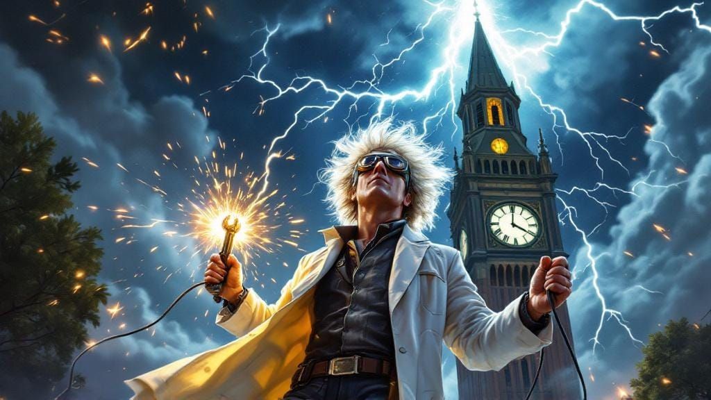 Triumphant Scientist at Lightning-Struck Clocktower in Retro...