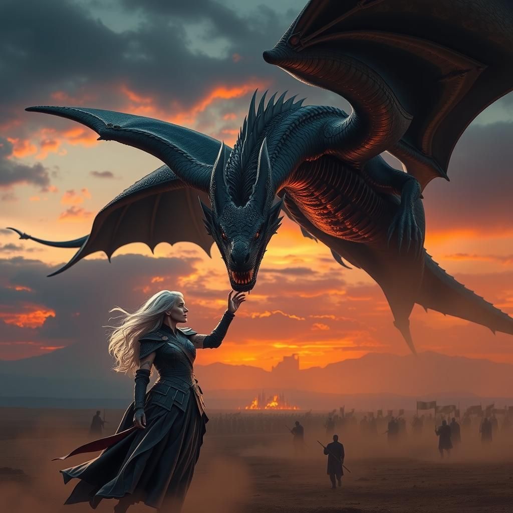 Dragon and Mother Soaring Over Desert Battlefield