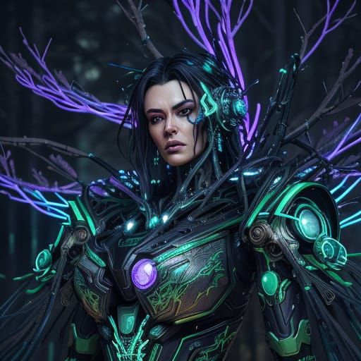 Robot Under Metallic Tree: Cyberpunk Concept Art