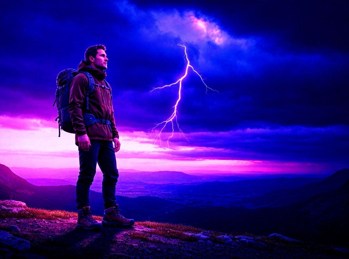 Lone Hiker Contemplates Mountain Range in Fantasy Style