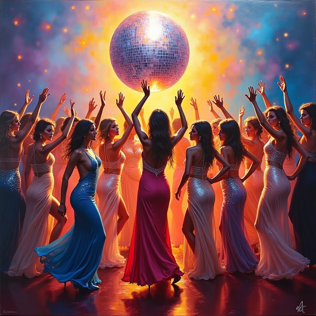 Disco Queens Dancing Under Glitter Ball, Neo-Impressionist S...
