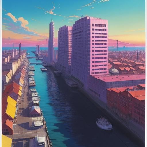 Anime Fantasy Port City Basks in Warm Golden Light