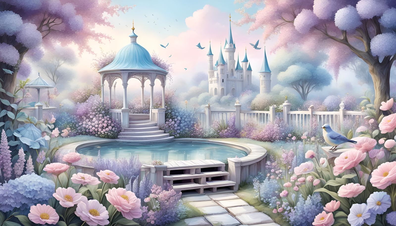Pastel Fairytale Garden Landscape Illustration