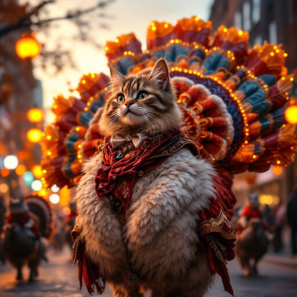 Cats Riding Turkeys with LED Lights, Maximalist Style