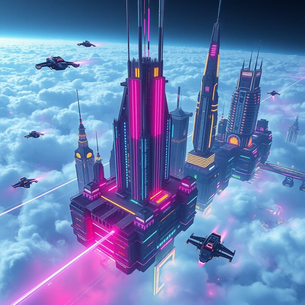 Futuristic Metropolis Soars Above the Clouds in Neon Hues
