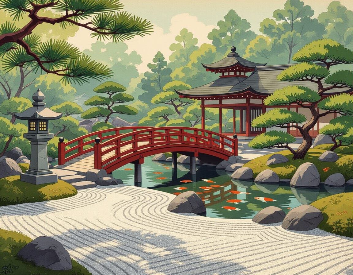 Serene Japanese Garden on Vintage Postcard