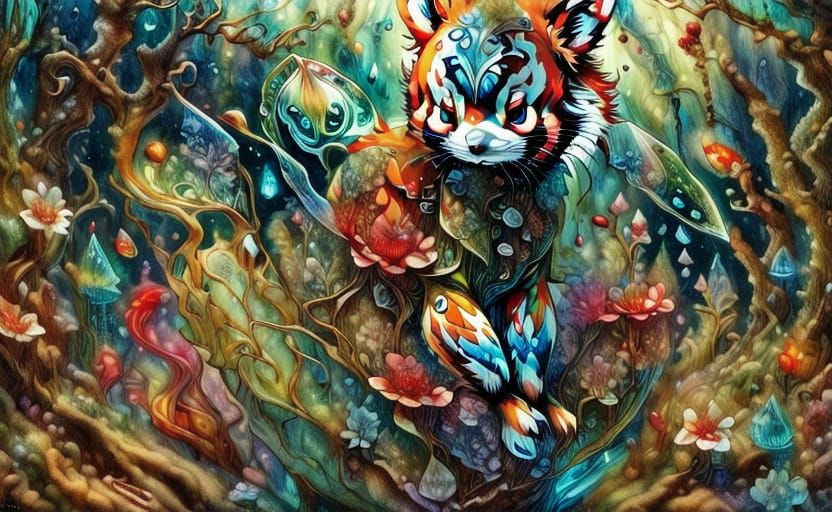 Glass Red Panda in Papercraft Bamboo Forest