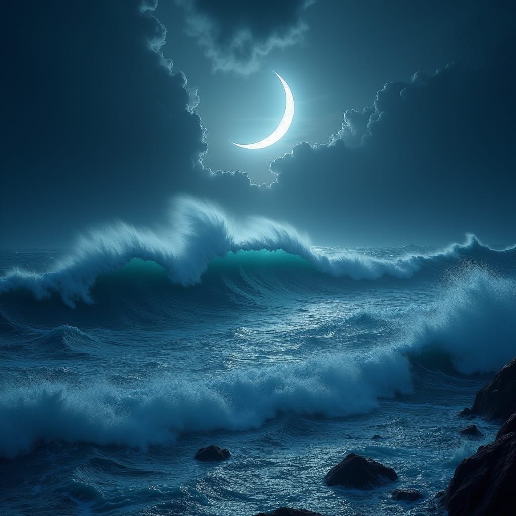 Majestic Sea Storm Under a Crescent Moon