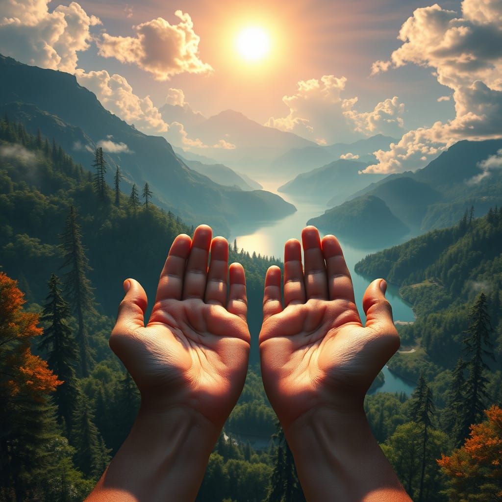 Surreal Nature Scene with Symmetrical Hands in Mid-Air