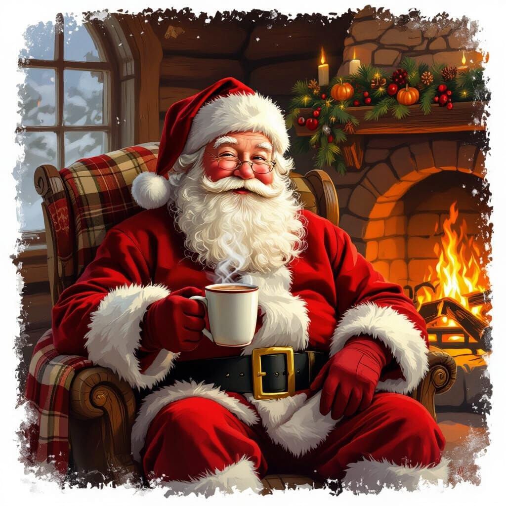 Cozy Santa Relaxing by Fireplace in Festive Cabin