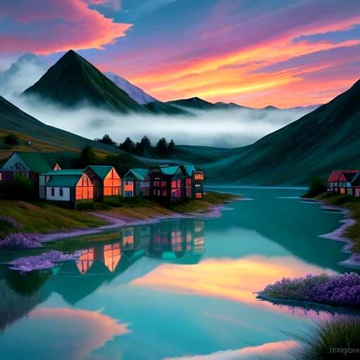 Hyperrealistic Lakeside Town at Sunrise in Splash Art Style