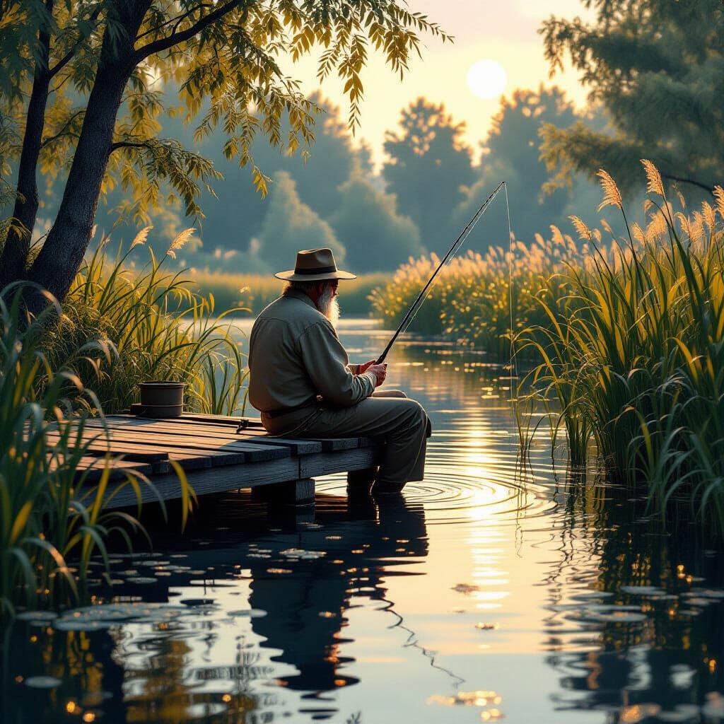 Old Man Fishing on Jetty, Dark Fantasy Concept Art