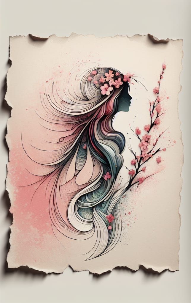 Calligraphic Girl Silhouette with Cherry Blossoms