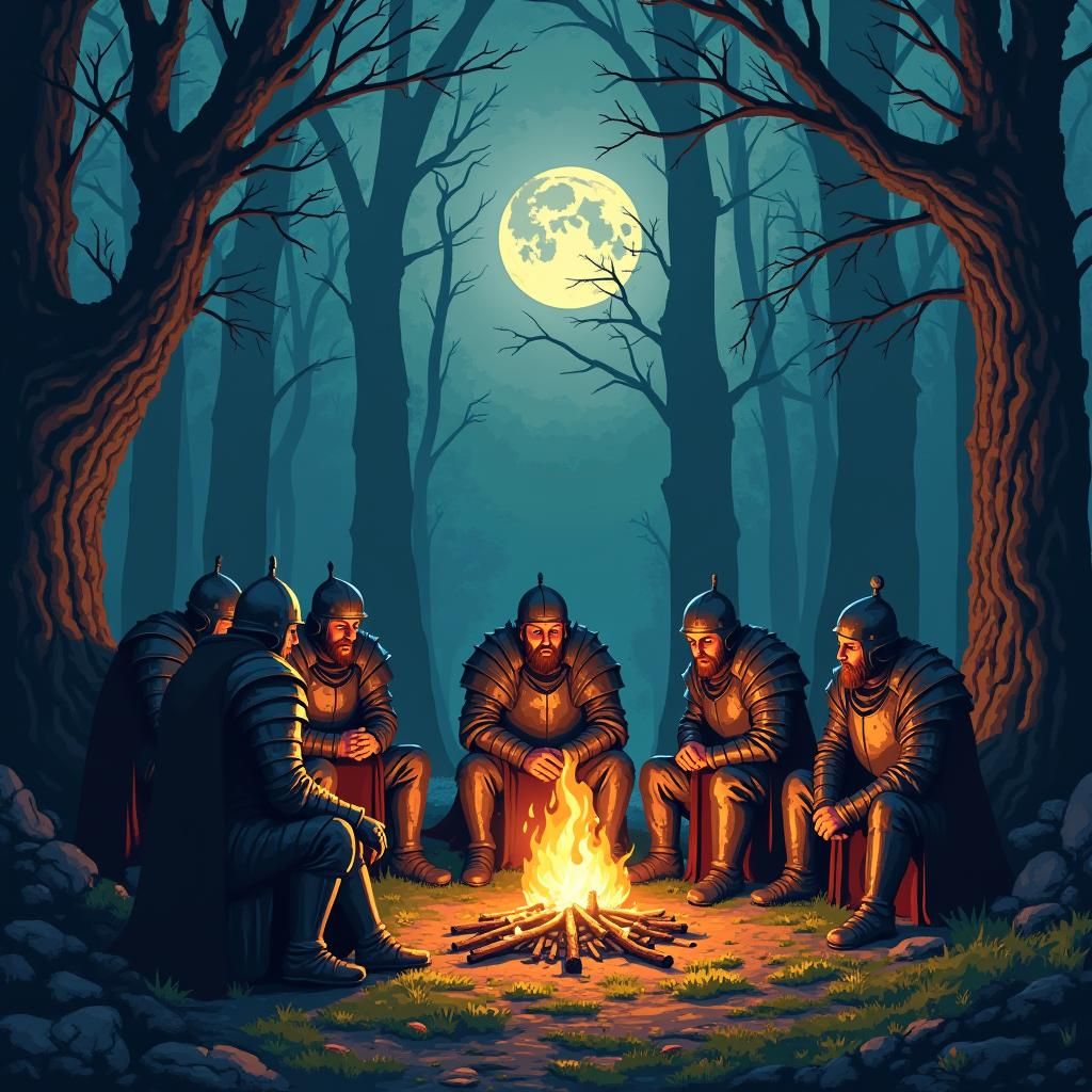 Medieval Warriors Gather 'Round Campfire: Vexel Art