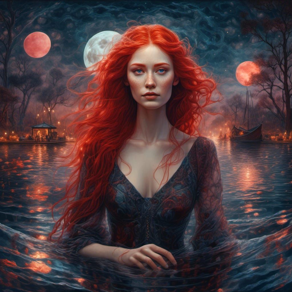 Romantic Hyperreal Portrait of a Red-Haired Woman Under Moon...