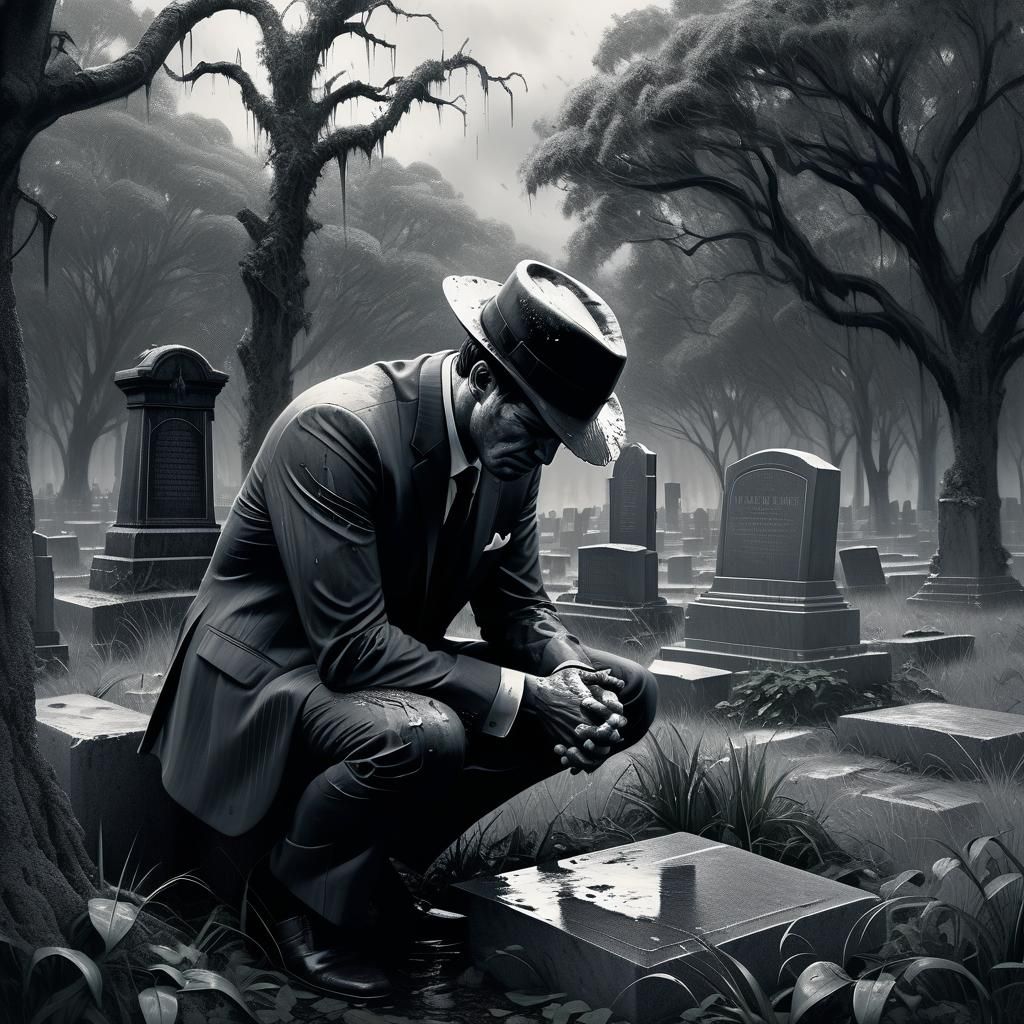 Grieving Man at Cemetery in Greg Rutkowski Style