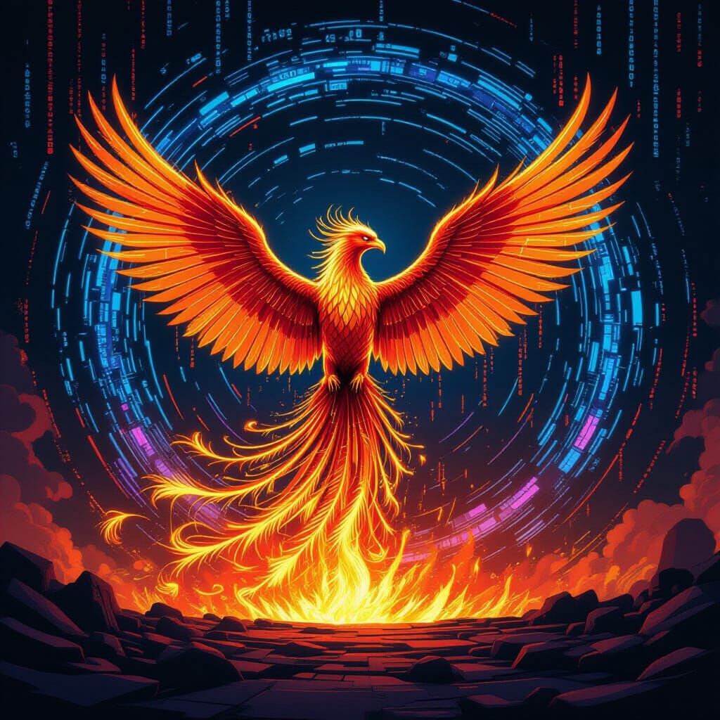 Phoenix Rises from Digital Inferno in Neon Concept Art