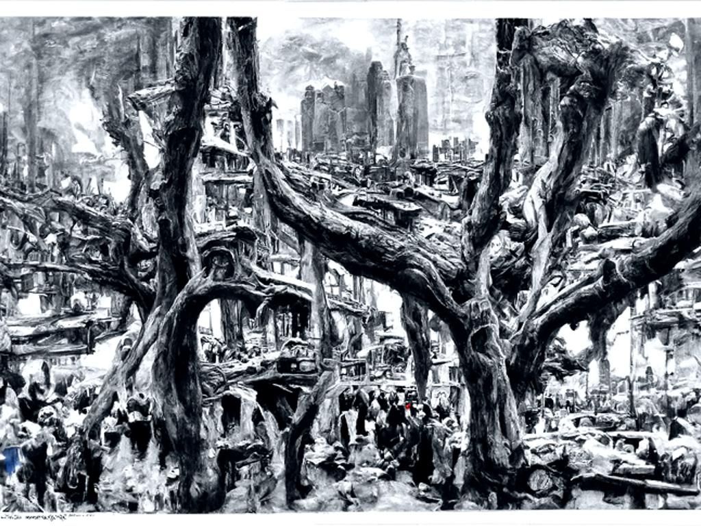 City Emerges From Tree Roots in Detailed Charcoal Drawing