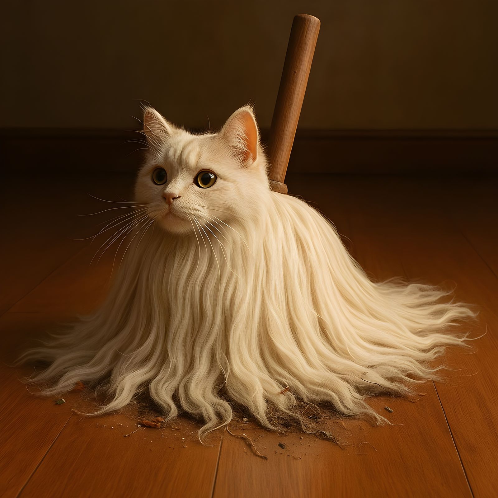 Fluffy Cat-Mop Creature on Polished Wood