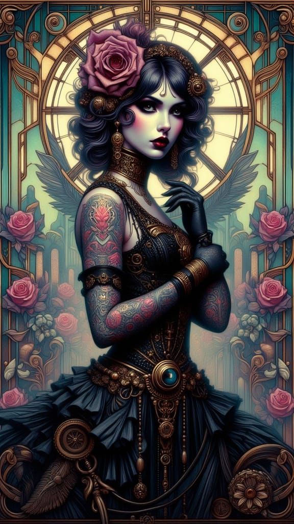 Pin-Up Woman with Art Nouveau Tattoos and Steampunk Gears