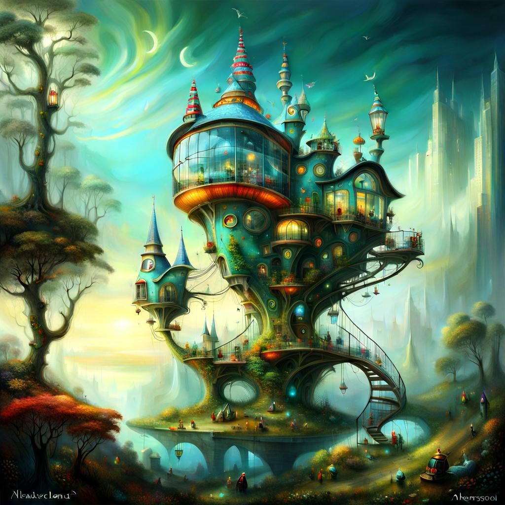 Futuristic Palace with Climbing Machines and Glowing Nebula