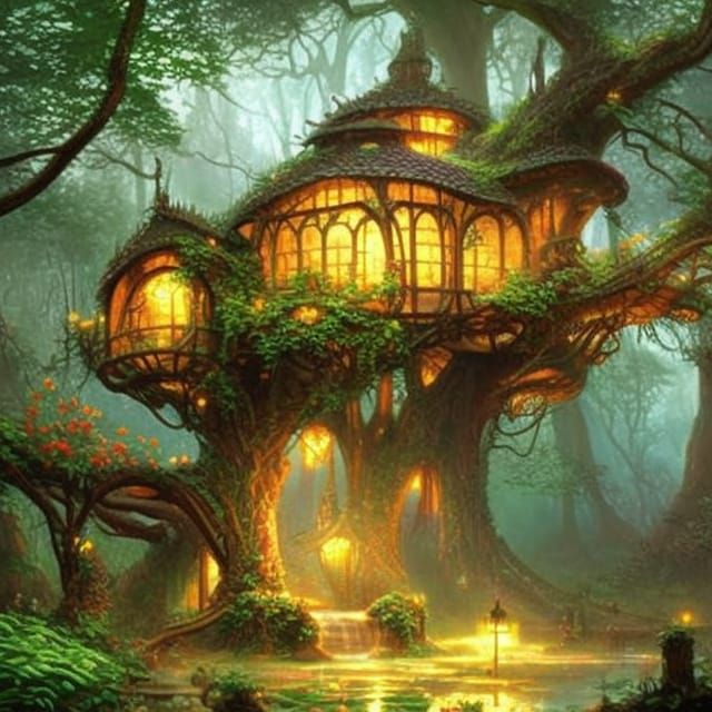 Enchanted Elven Treehouse with Waterfall in Art Nouveau Styl...