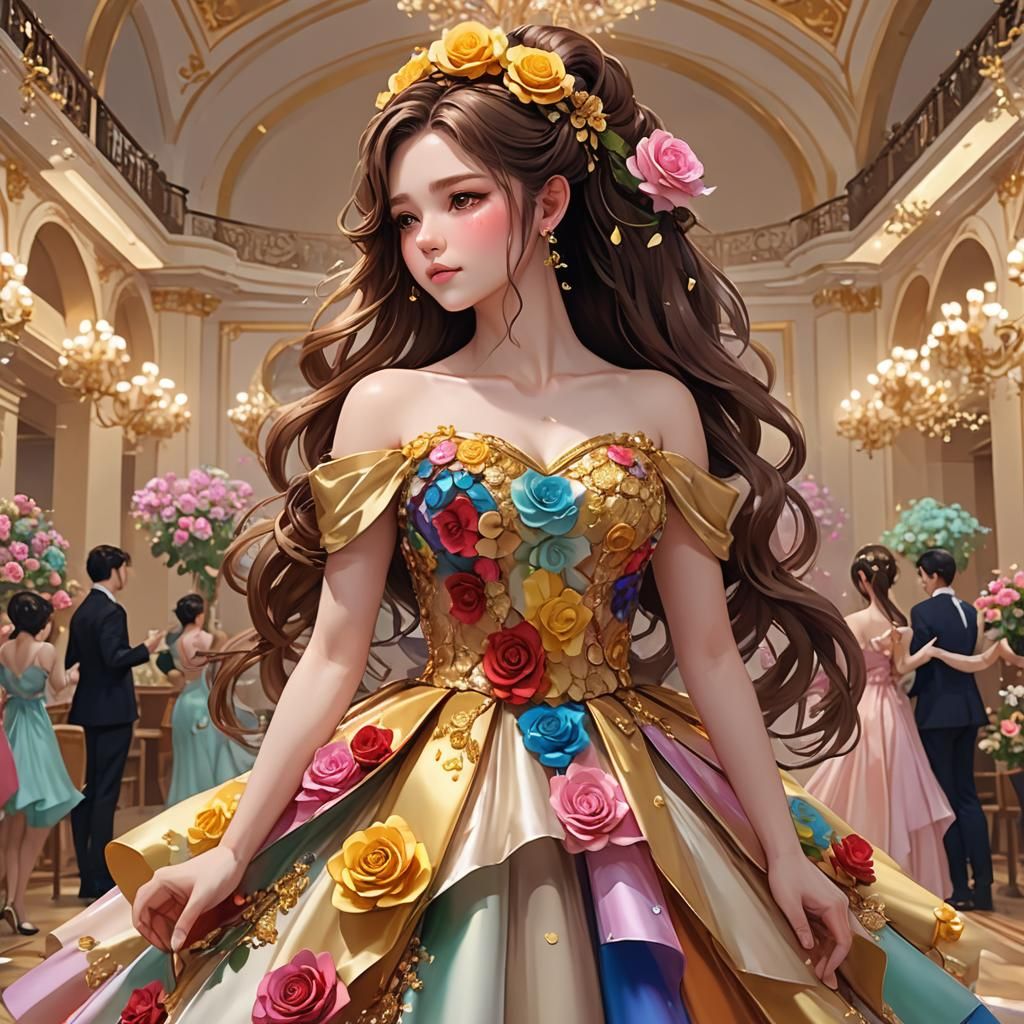 Anime Girl with Rose Dress in Ballroom