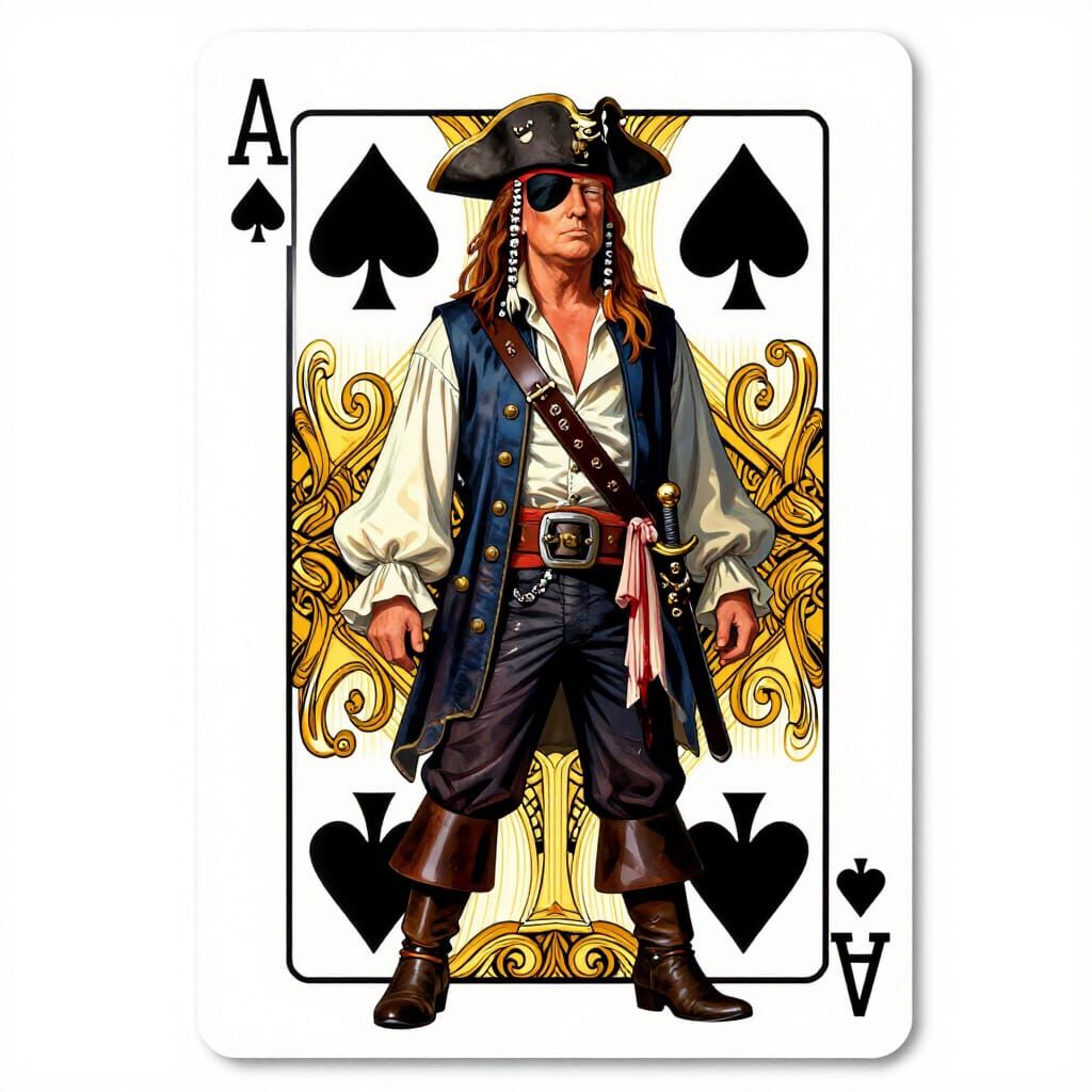 ‘Donald Trump’ stands out from the ornate playing card motif of the ace of spades, dressed as a pirate with an eye patch...