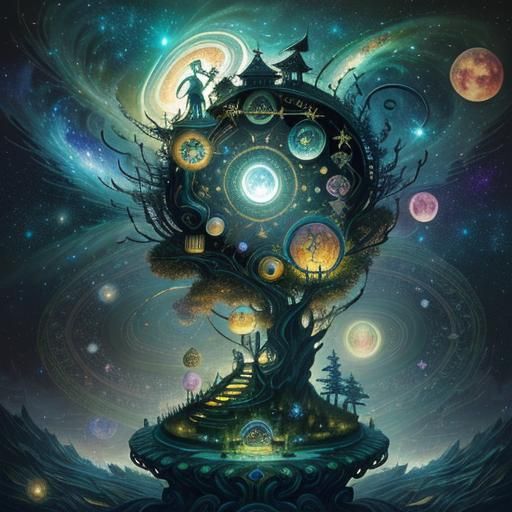 Surreal Stargate Scene with Bonsai and Cottages