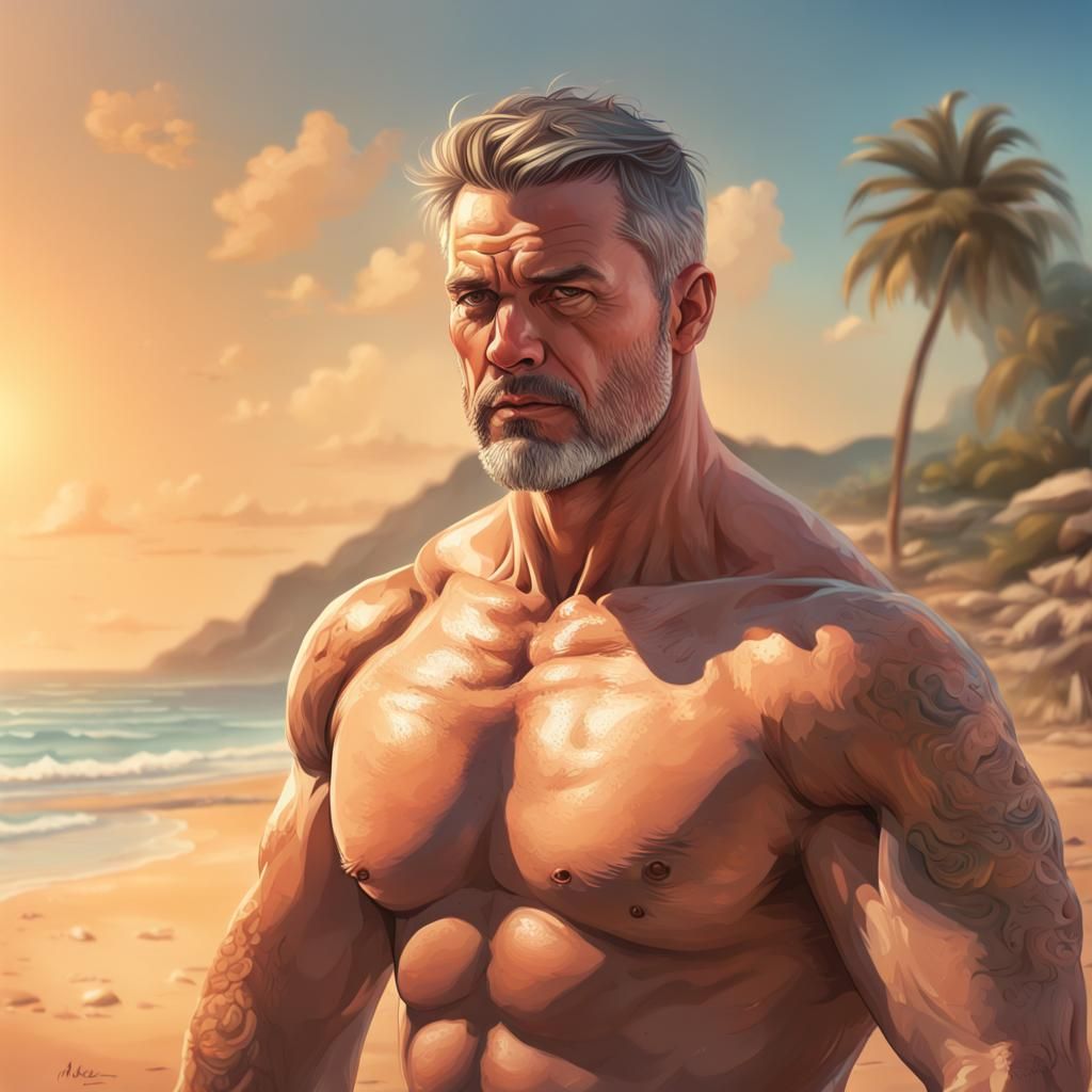 Hyperrealistic Hunky Man on a Colorful Beach