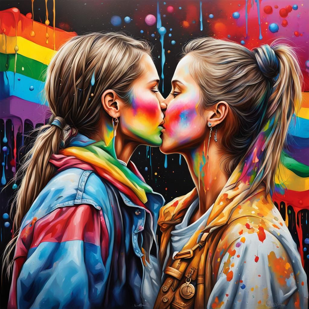 Lesbian Couple Kissing in Graffiti Street Art Style