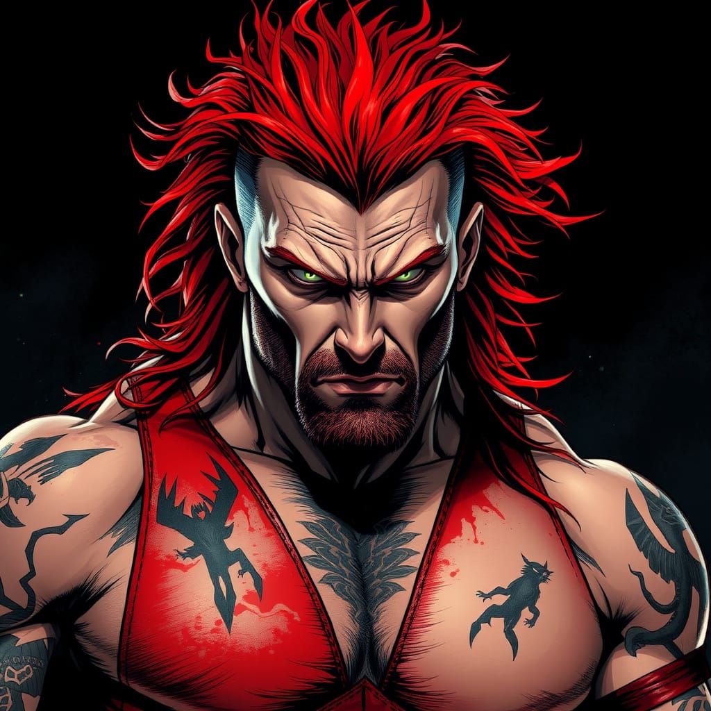 Gothic Wrestler with Fiery Red Hair and Dark Tattoos