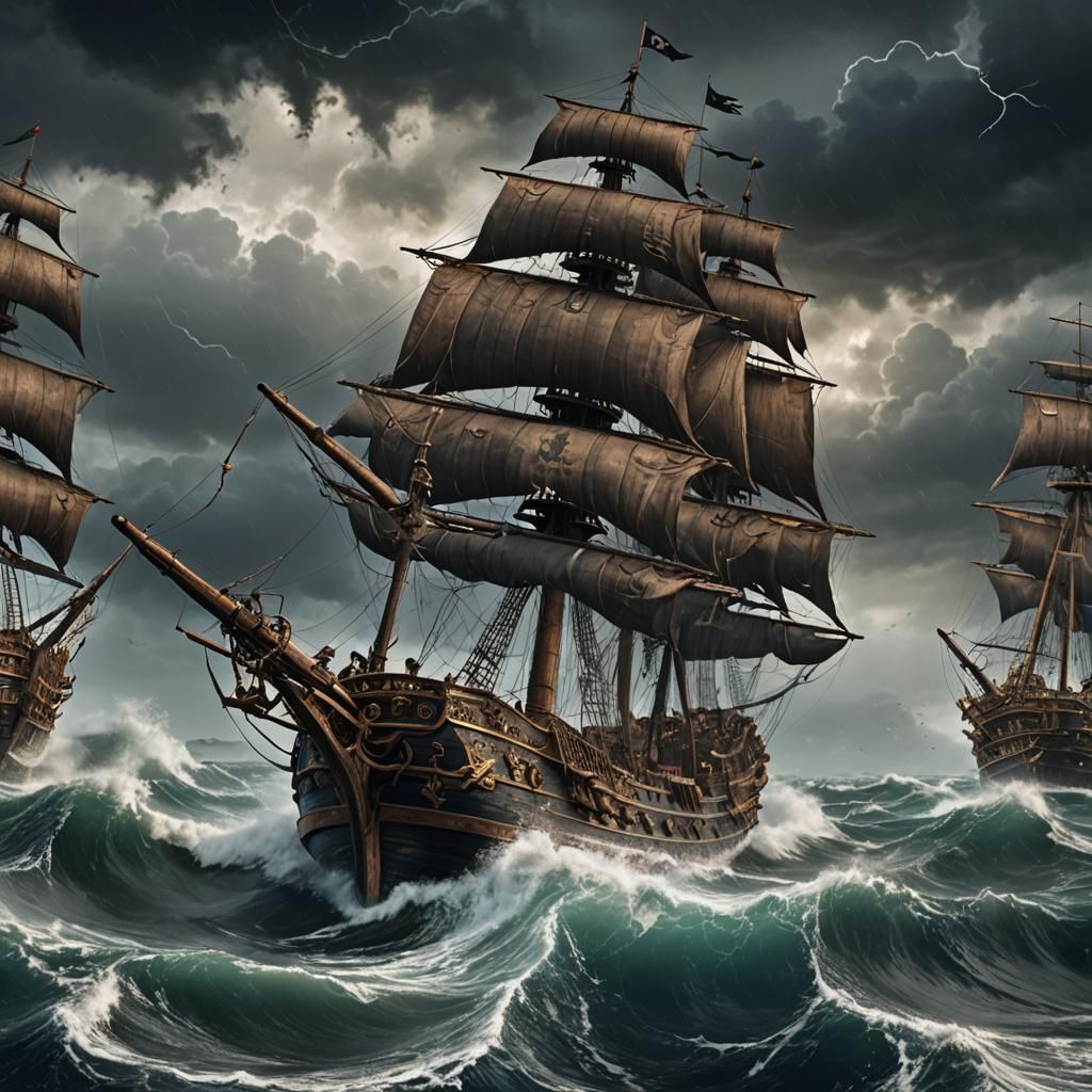 Stormy Atlantic Pirate Ship Battle in Matte Painting Style