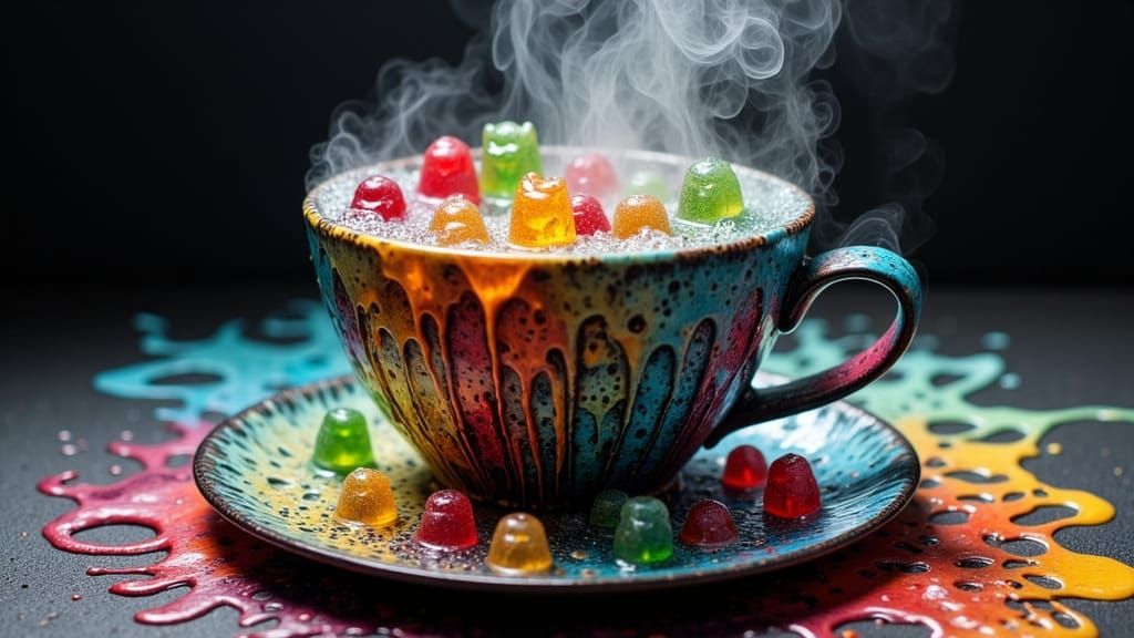 Melting Gummy Bears in Hot Water Surreal Scene