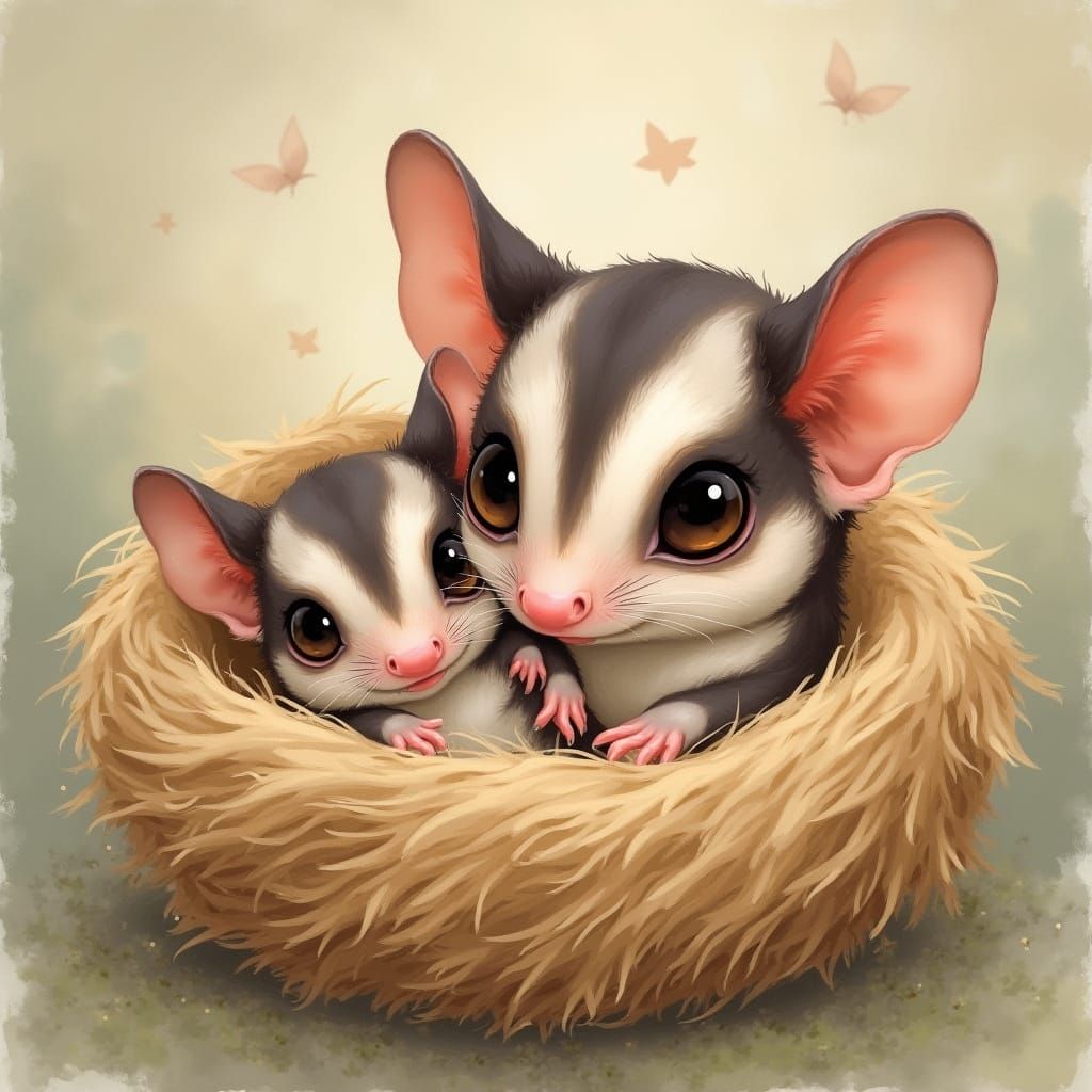 Sugar Glider Cuddles Baby in Whimsical Digital Art