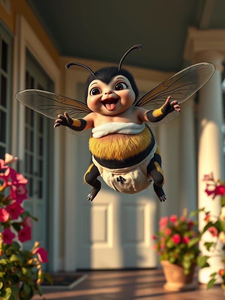 Whimsical Tuyul-Bee Hybrid in Hyper-Realistic Art