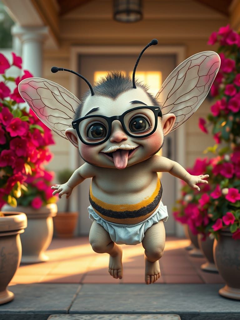 Whimsical Tuyul-Bee Hybrid with Eerily Playful Expression