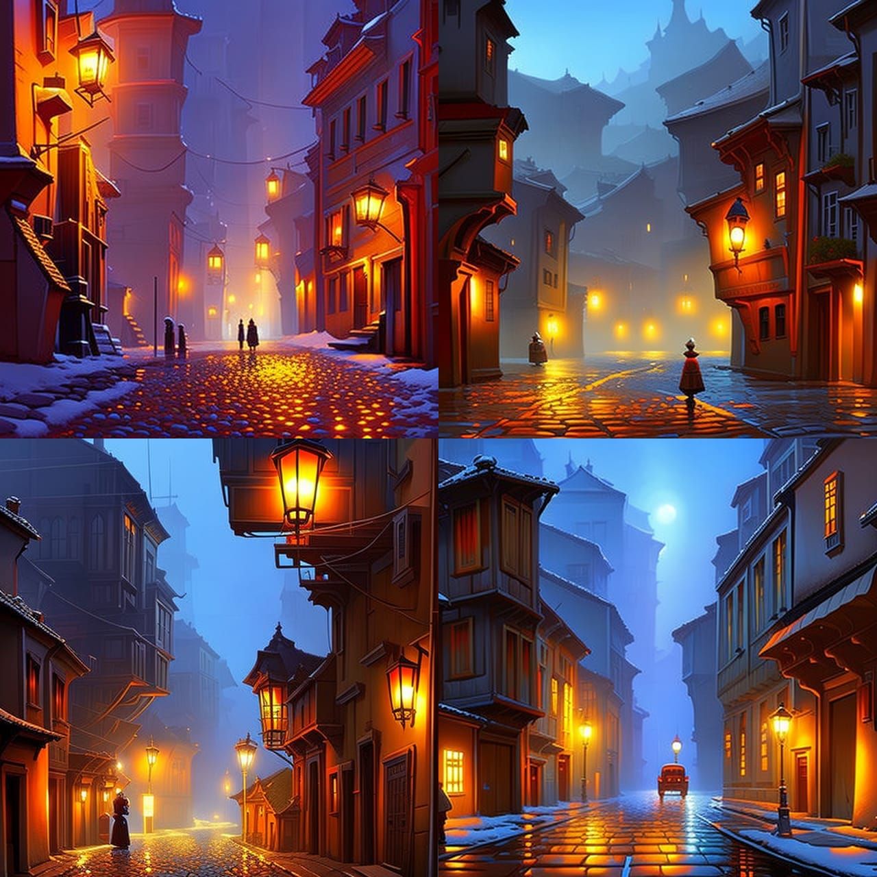 Night Cobblestone Street with Shining Stars, Anime Style