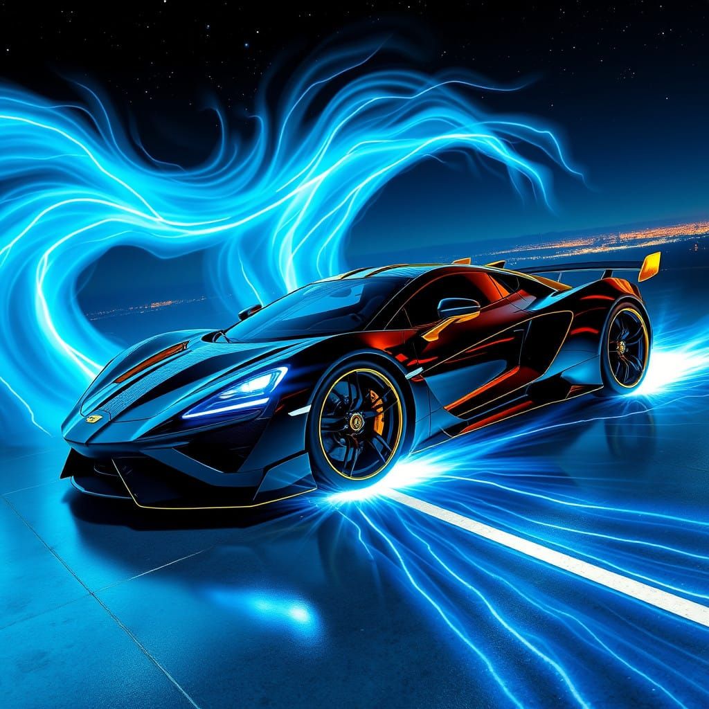 A black and gold futuristic car emerging from a time portal