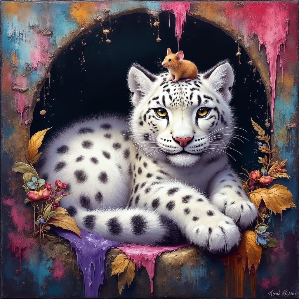 Whimsical Snow Leopard and Mouse in a Vibrant Den Scene
