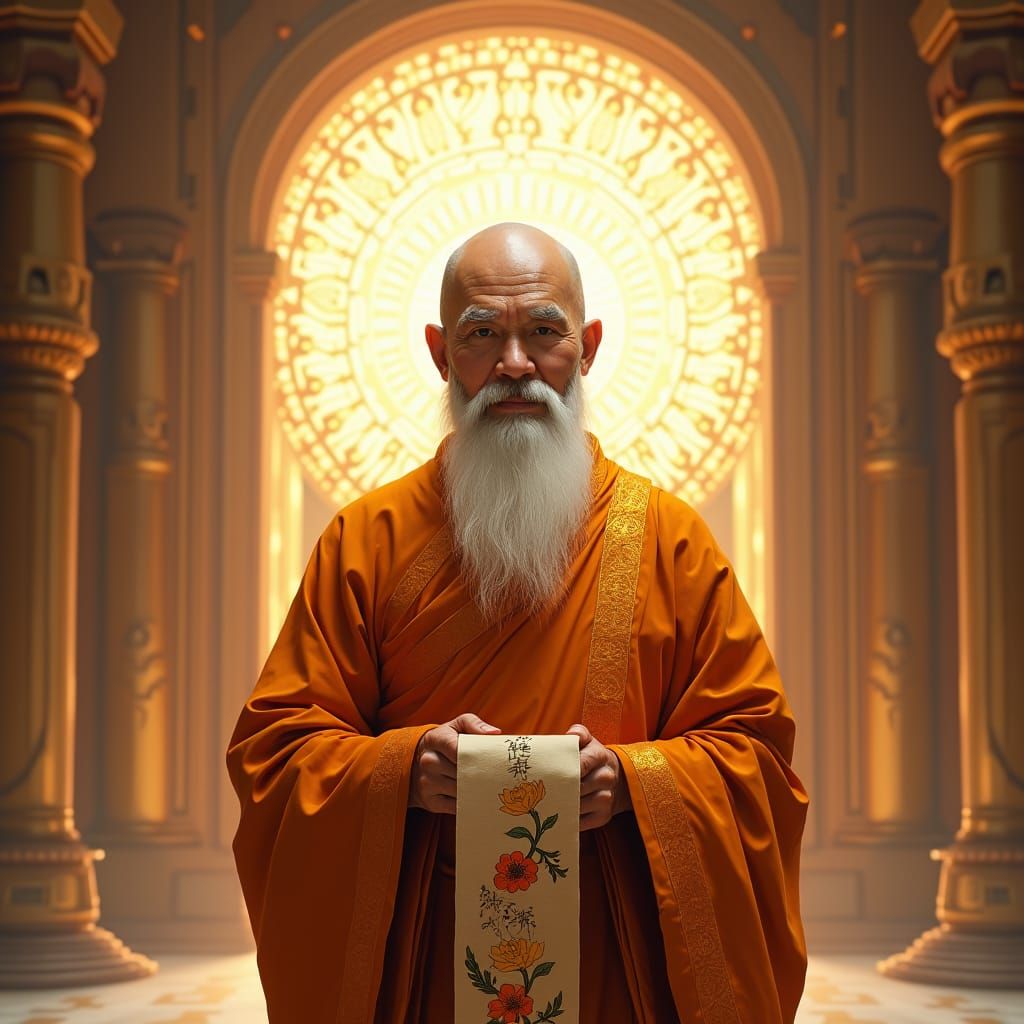 Venerable Buddhist Monk in Temple with Cosmic Mandala