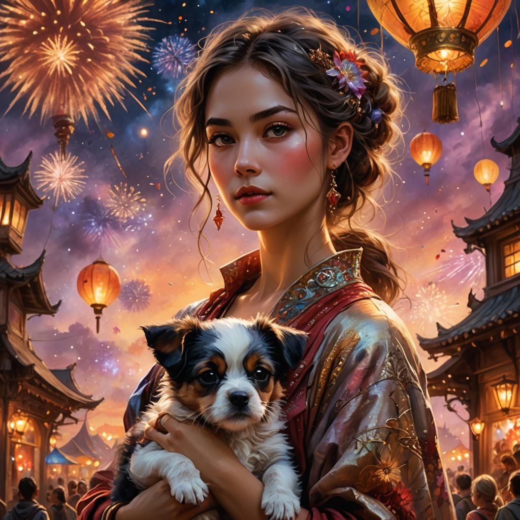 Sunset Festival: Woman with Puppy in Digital Art