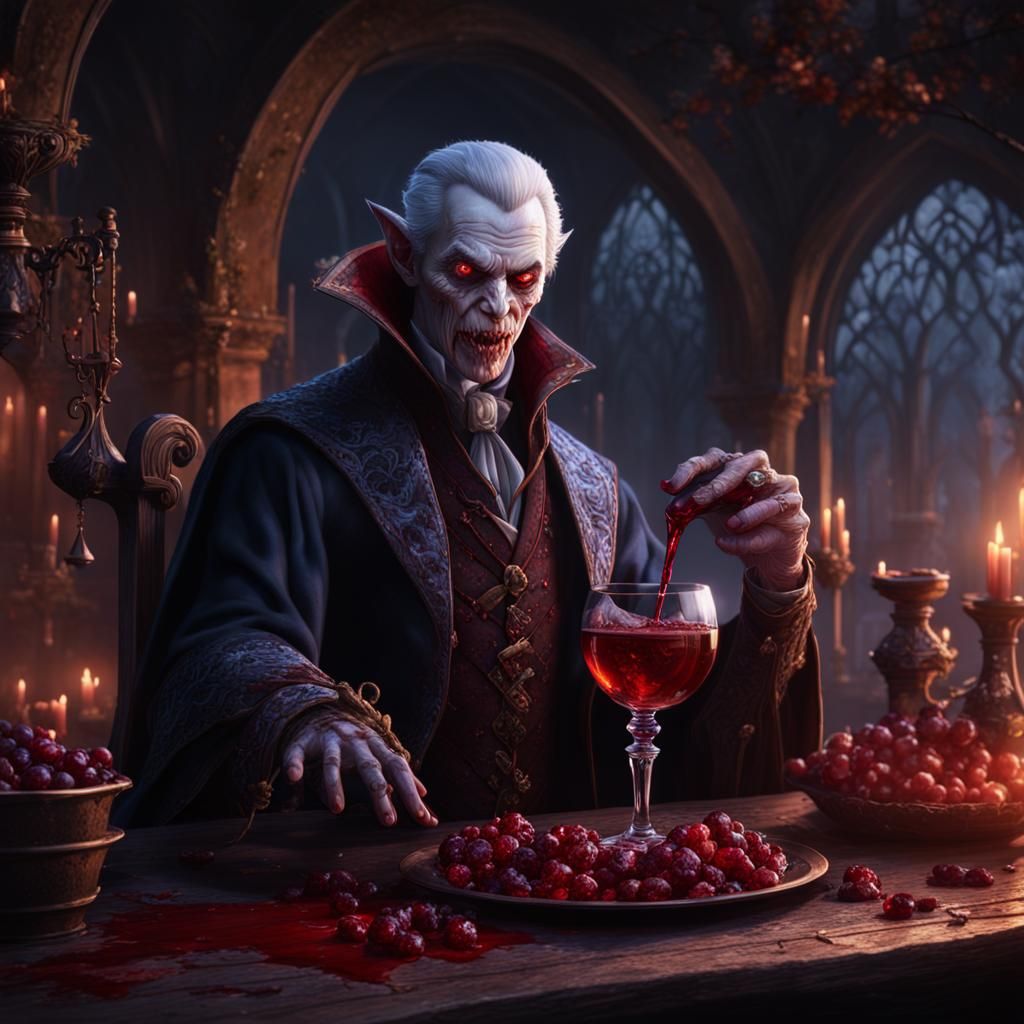 Vampire Blood Mage Drinks Wine: Detailed Matte Painting