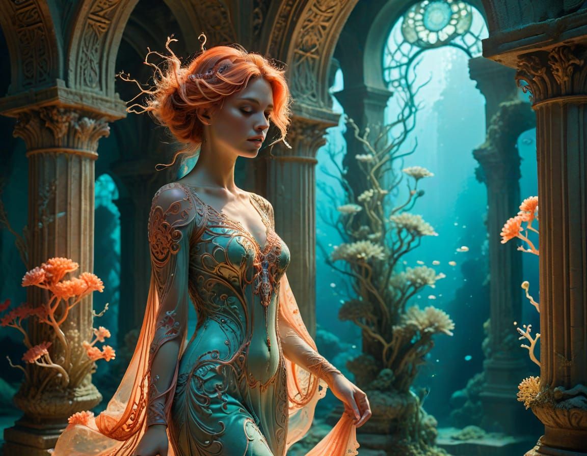 Bioluminescent Woman in Sunken Temple, Art Nouveau Style