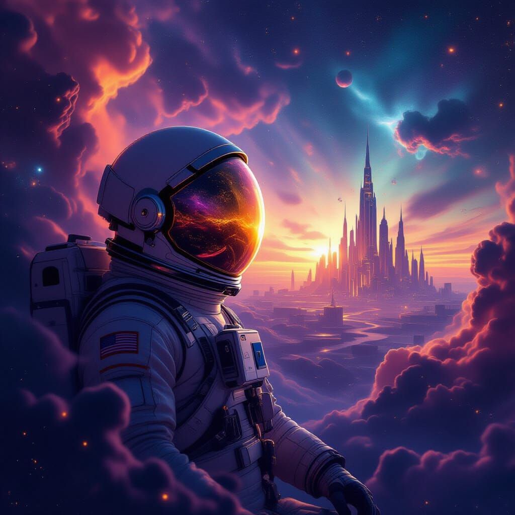 Astronaut Adrift in Cosmic Nebula Reflecting Alien City