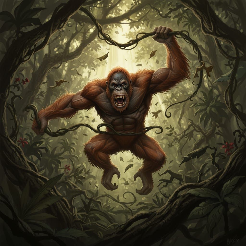 Enraged Orangutan Swinging Through Jungle Canopy