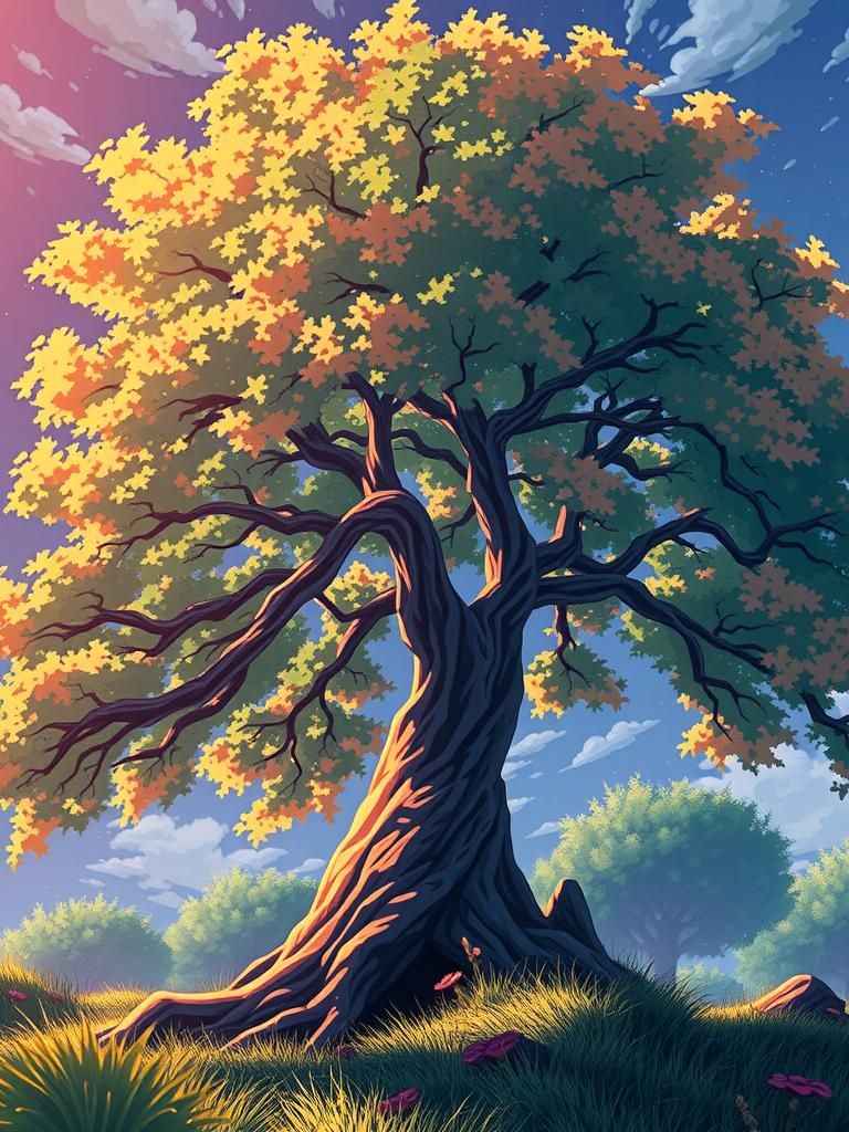 Anime Tree with Vibrant Colors and Dynamic Lighting