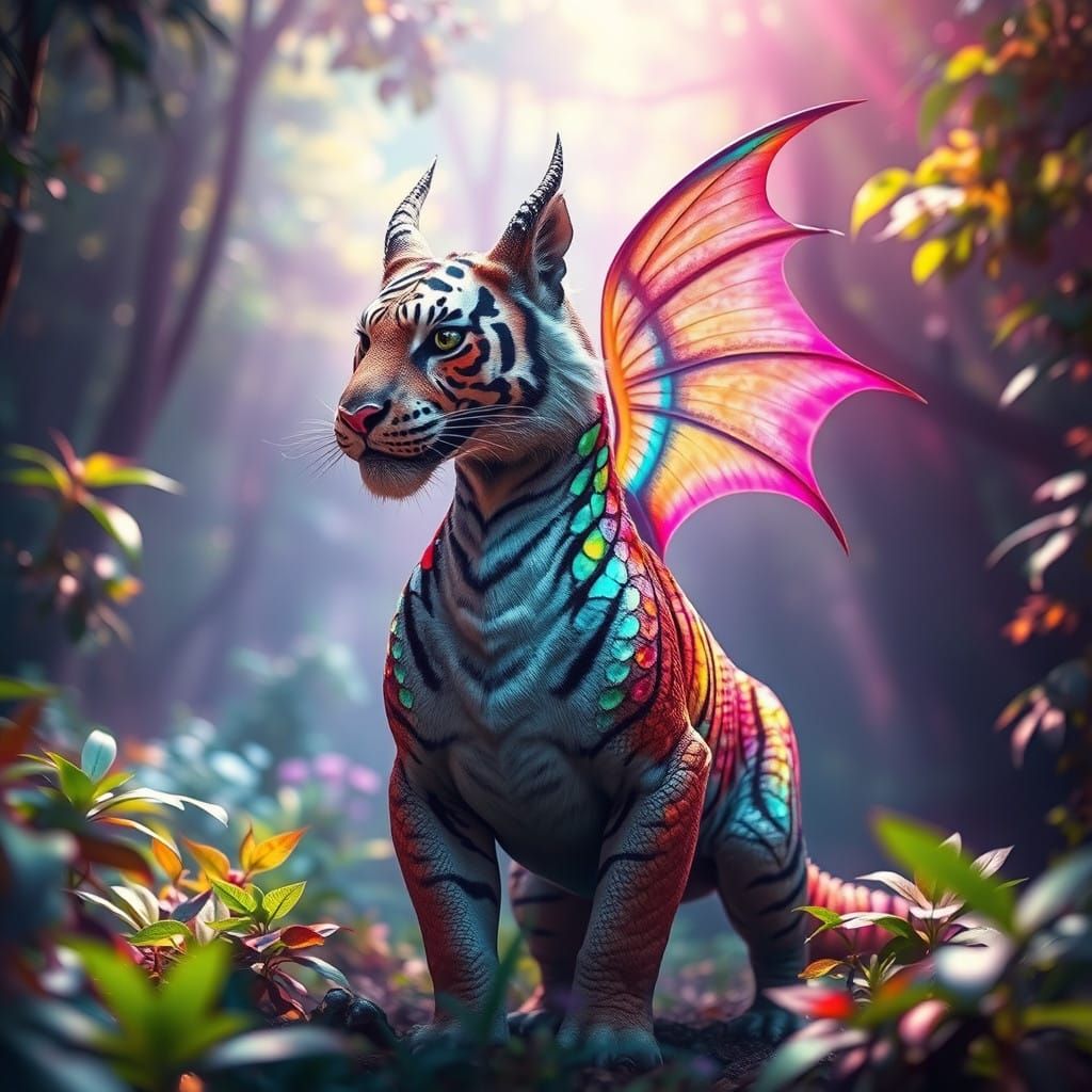 Majestic Fairy Dragon Tiger in Vibrant Forest with Prismatic...