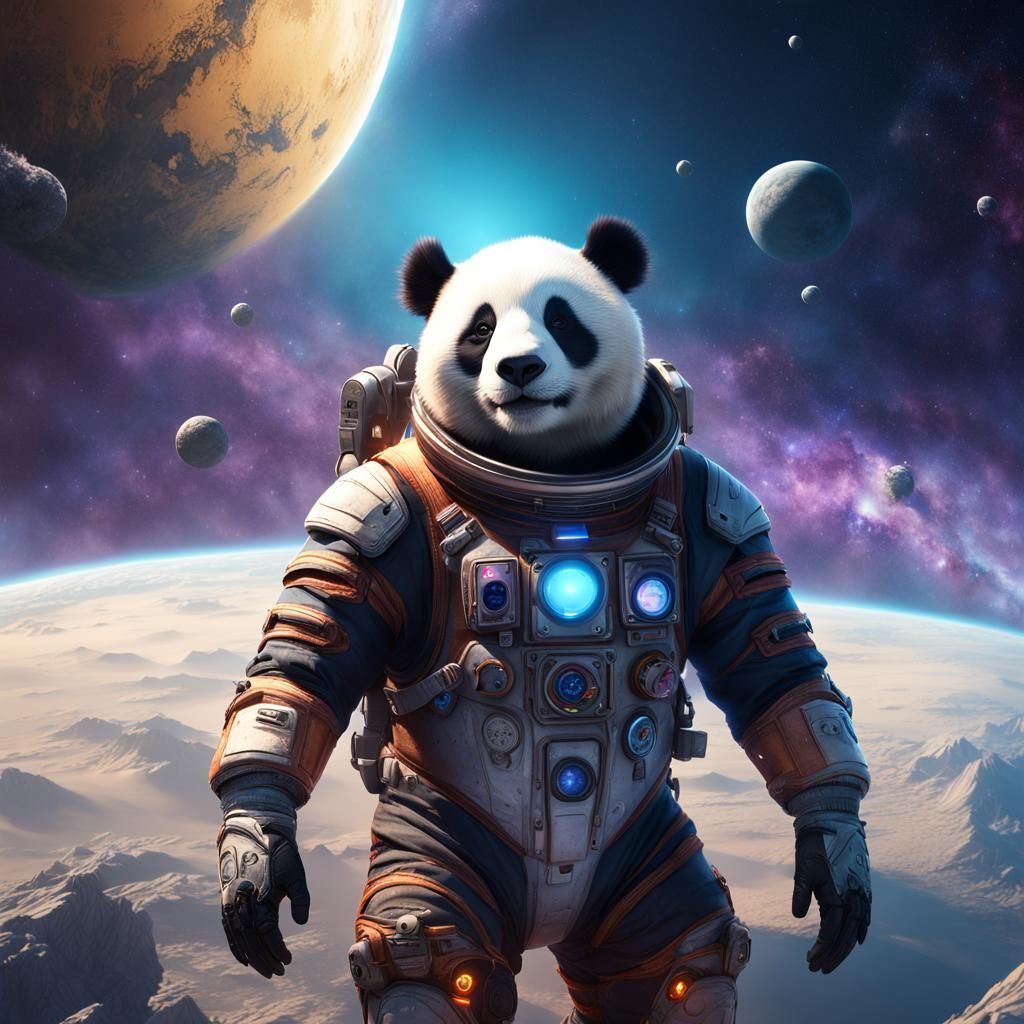 Smiling Panda in Space Suit: Detailed Matte Painting